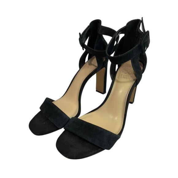 Size 8.5 Vince Camuto Black Microfiber Sandal 4" Heels Ankle Strap - Picture 1 of 10